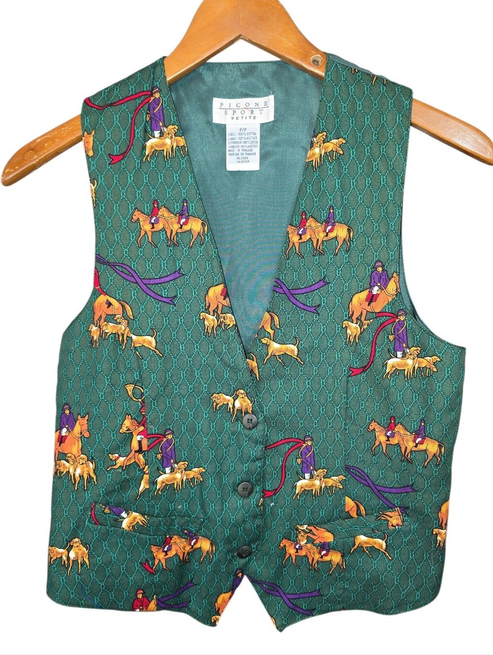 Vintage Picone Sport Petite Equestrian Fox Hunt Vest Horse Hound Green